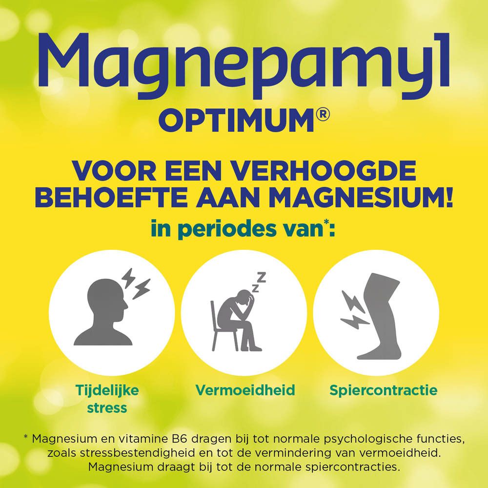 Magnepamyl® Optimum. 450 mg. Dosis: 1 stick in 200 ml water. Smaak: Sinaasappel. Voedingssupplement.