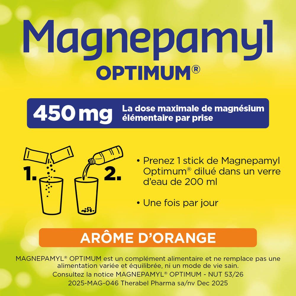 Boîte Magnepamyl® Optimum. Contient 20 sticks. Texte: Contraction musculaire normale, réduction du stress et de la fatigue.