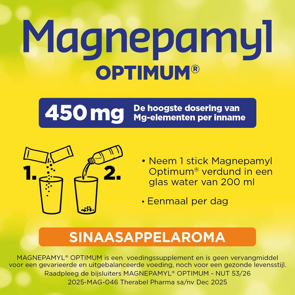 Doos Magnepamyl® Optimum. Bevat 20 sticks. Tekst: Normale spiercontractie, vermindering van stress en vermoeidheid.