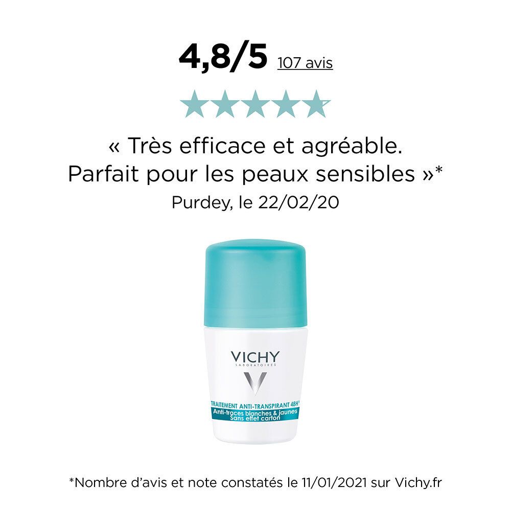 Vichy Deodorant Roll On Anti-Transpirant 48h Anti-Traces Jaunes et Blanches.