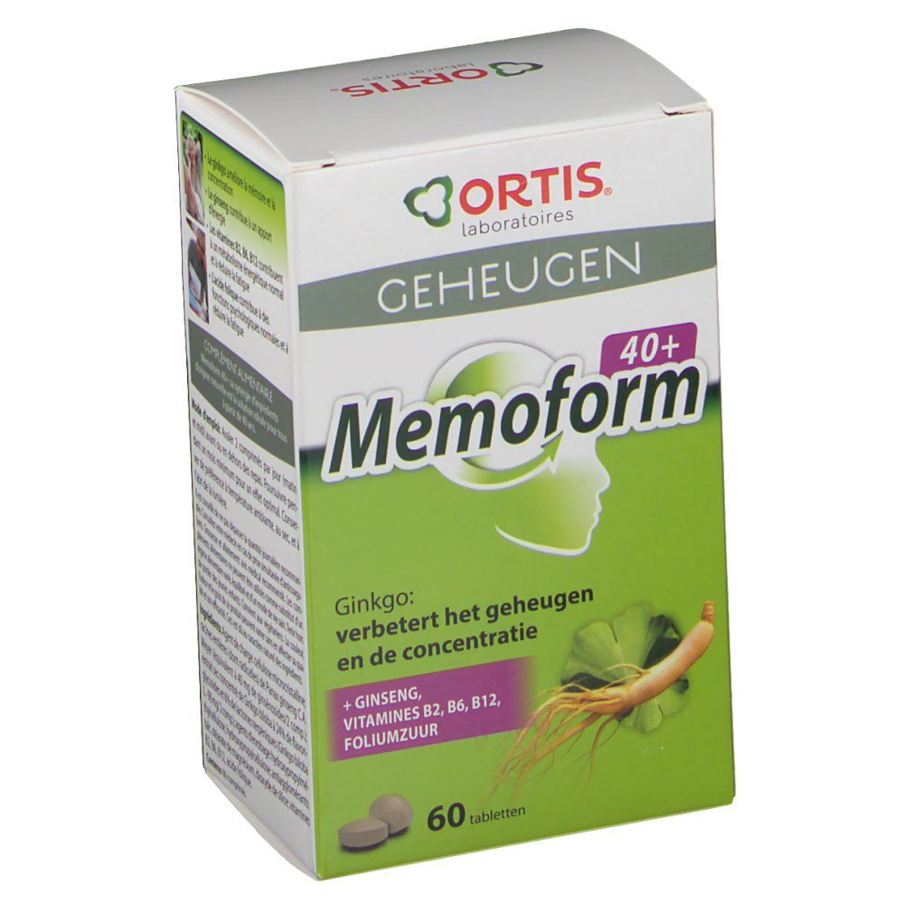 Boîte Ortis Memoform 40+. Vert et blanc. Ingrédients et nom du produit. Illustrations de ginkgo et ginseng.