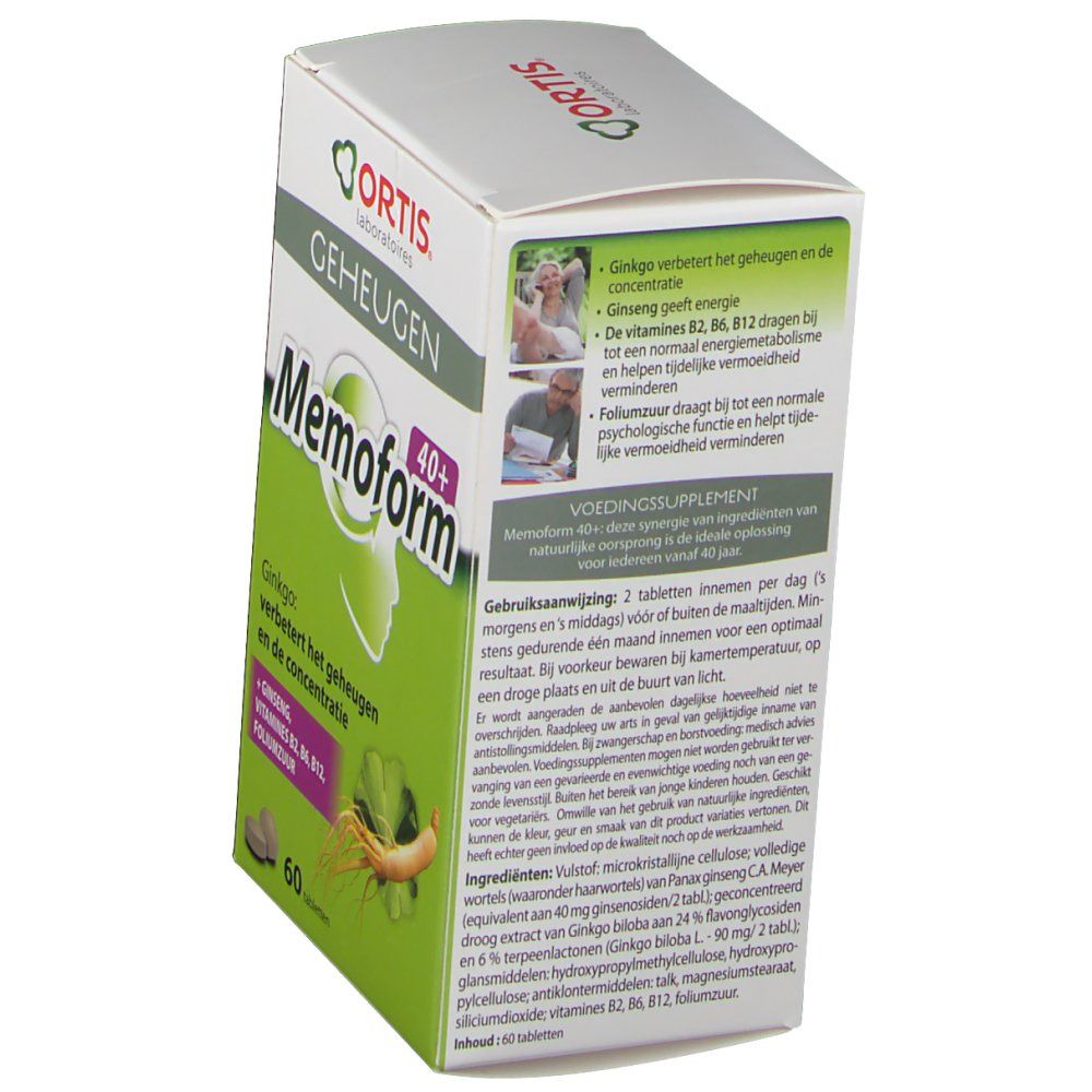 Dos de la boîte Ortis Memoform 40+. Texte sur les ingrédients et l'utilisation. Illustrations de personnes.