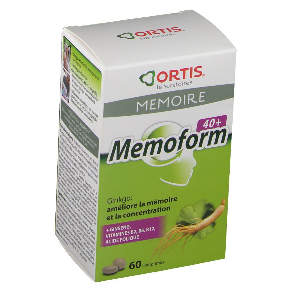 Boîte Ortis Mémoire 40+. Vert et blanc. Ingrédients et nom du produit. Illustrations de ginkgo et ginseng.