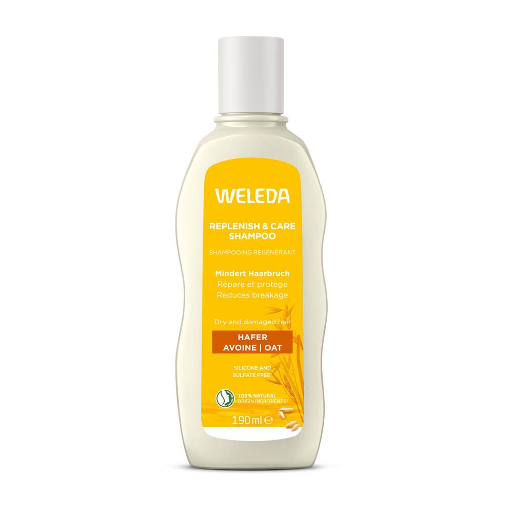 Weleda Hafer Aufbau Shampoo. Witte fles met geel etiket. Tekst: Replenish & Care Shampoo, Haver, 190ml.