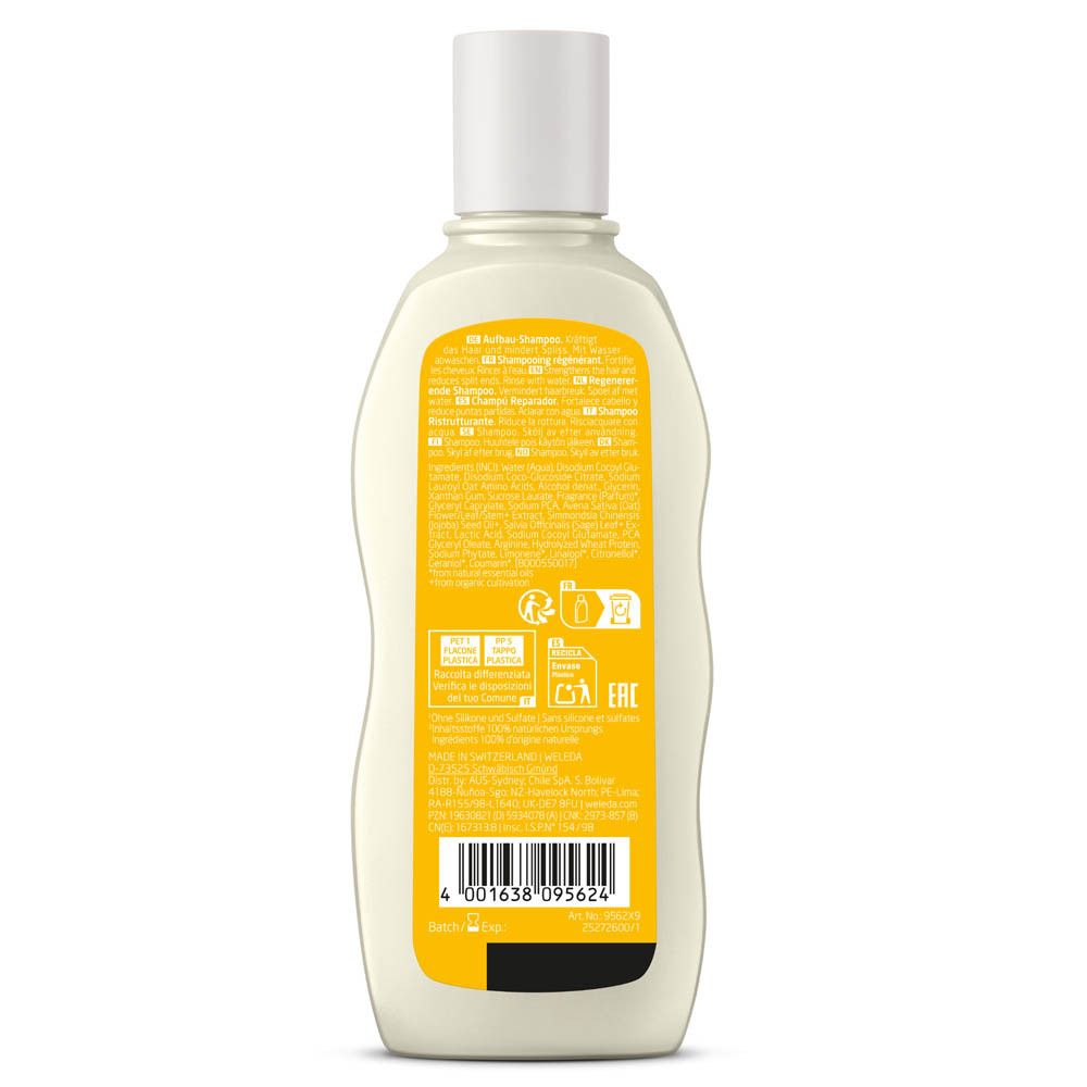 Achterkant van de Weleda shampoo fles. Geel etiket met tekst en symbolen. Barcode onderaan.