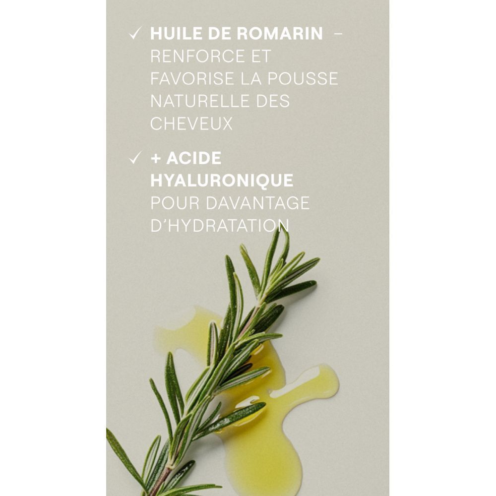 Branche de romarin et gouttes d'huile. Texte: Huile de romarin renforce la pousse. + Acide hyaluronique.