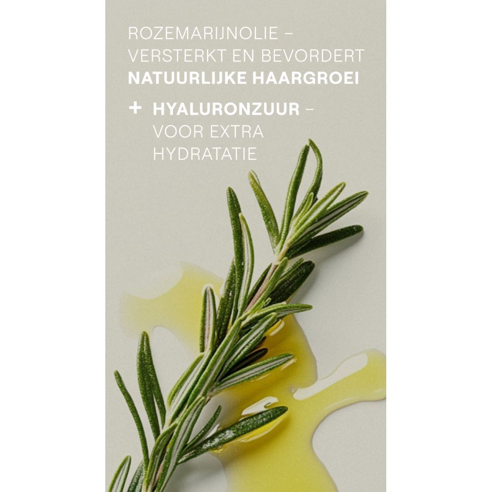 Rozemarijn tak en oliedruppels. Tekst: Rozemarijnolie bevordert haargroei. + Hyaluronzuur.