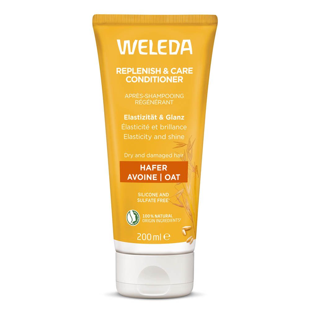 Gele tube met productopdruk. Boven: "WELEDA". Tekst: "Replenish & Care Conditioner". Bevat haver. 200 ml. 100% natuurlijke ingrediënten.