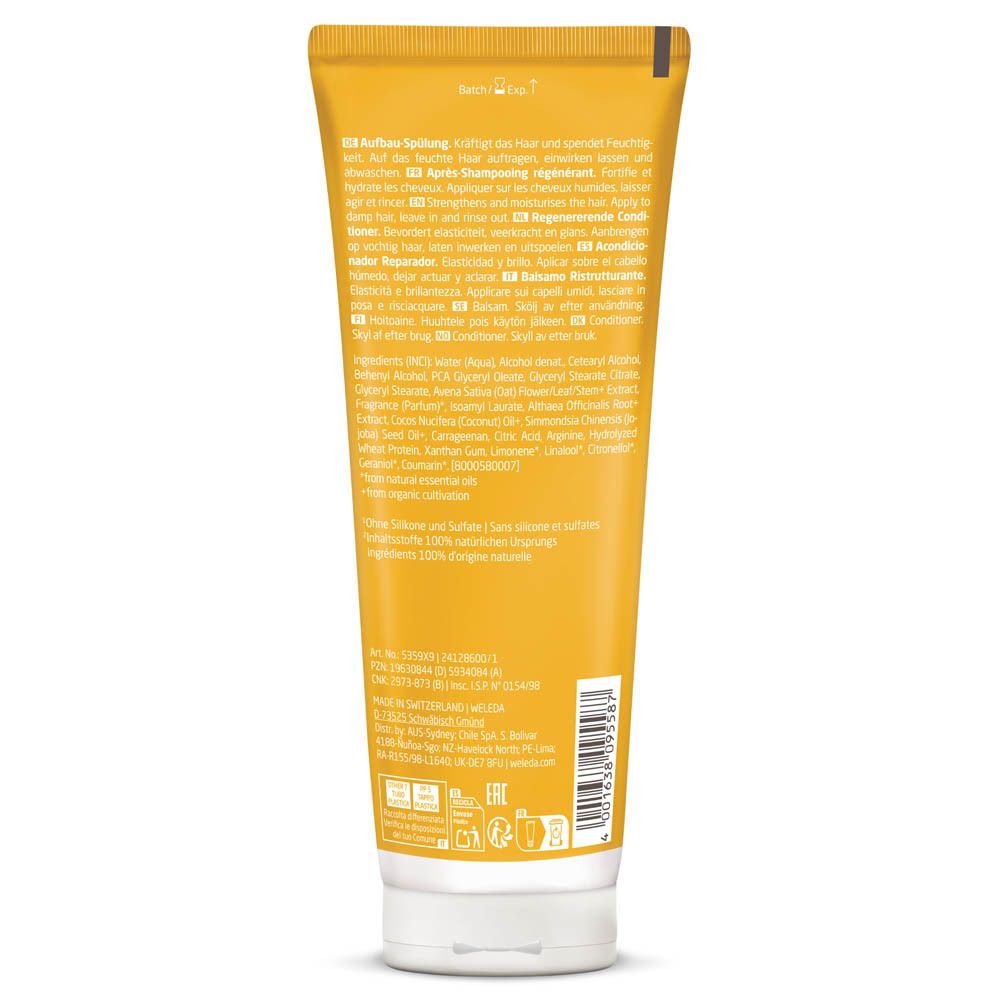 Achterkant van een gele tube. Tekst in meerdere talen. Opschrift: 200 ml. Met ingrediënten en certificeringen.