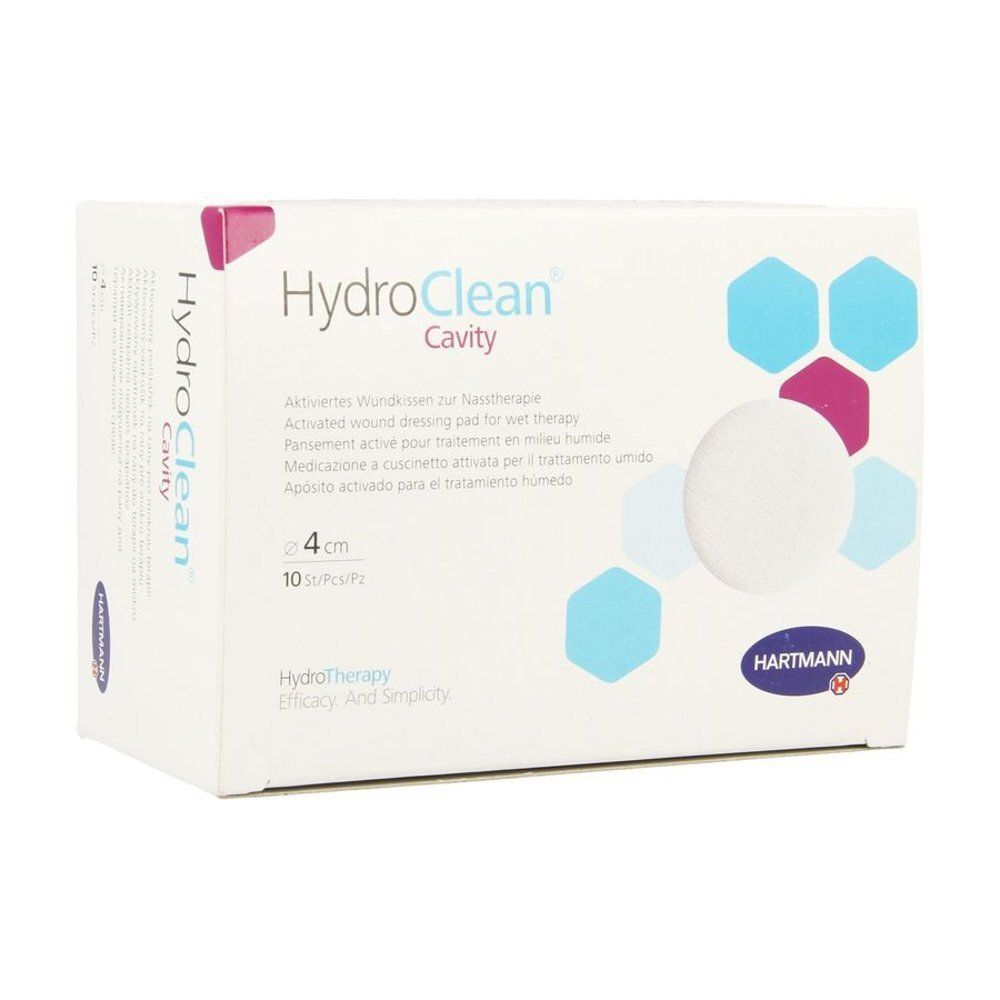 Boîte de HydroClean Cavity. Inscription : 4 cm, 10 pièces. Marque Hartmann. Pansement actif pour thérapie humide des plaies.