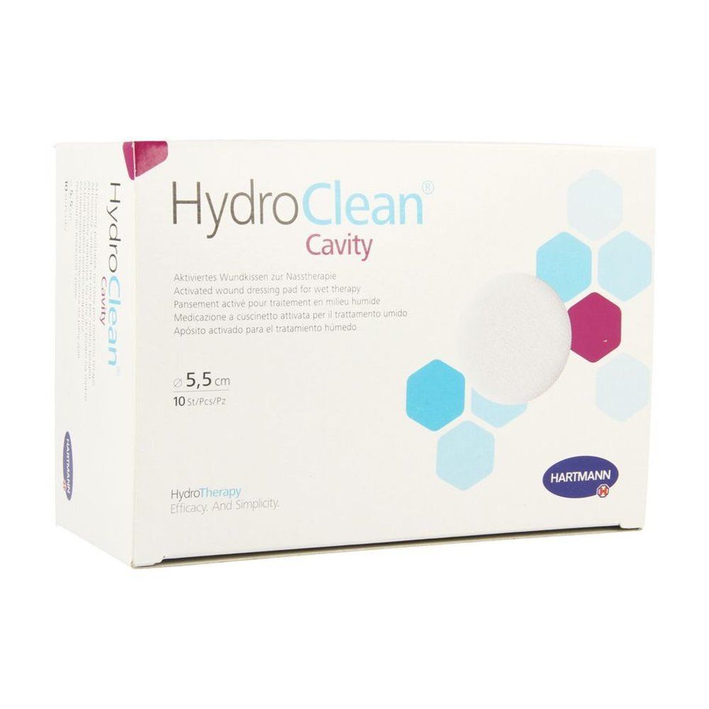 Boîte HydroClean Cavity. Compresse ronde blanche. Dimensions : 5,5 cm. Marque : Hartmann. Inscription : HydroTherapy, Efficacy And Simplicity.