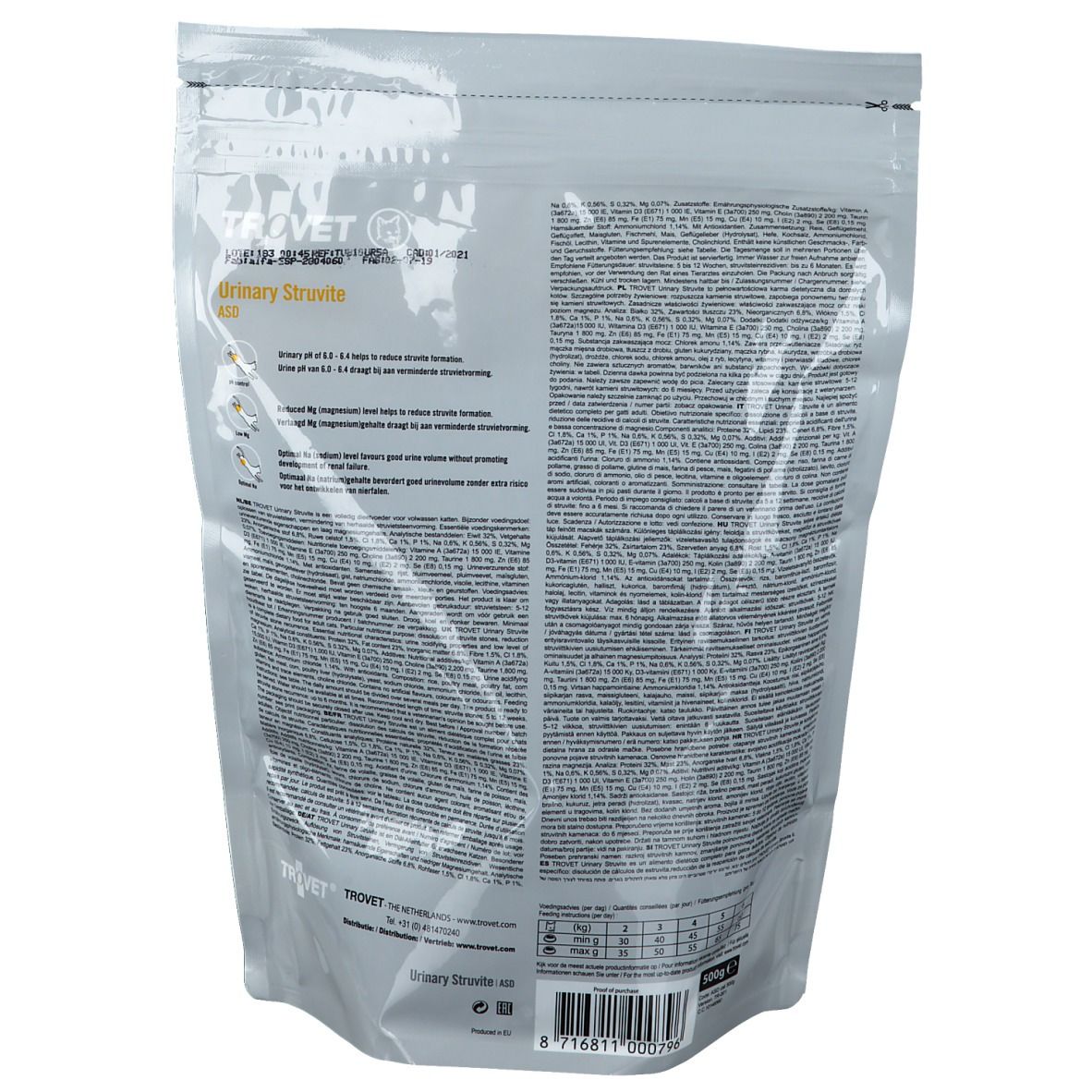 Dos de l'emballage du produit. Texte et logo 'Trovet Urinary Struvite'. Informations et valeurs nutritionnelles.