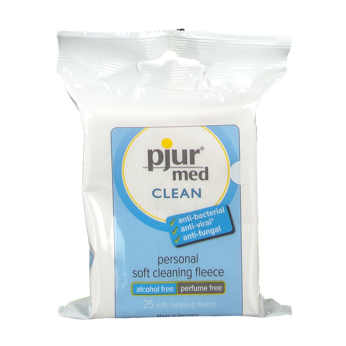 Verpakking met reinigingsdoekjes. Opschrift: pjur med CLEAN, anti-bacterieel, anti-viraal, anti-schimmel, alcoholvrij, parfumvrij.
