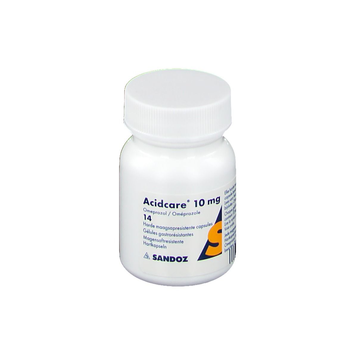 Flacon blanc avec bouchon à vis. Inscription : Acidcare 10 mg, Oméprazole, 14 gélules, Sandoz.