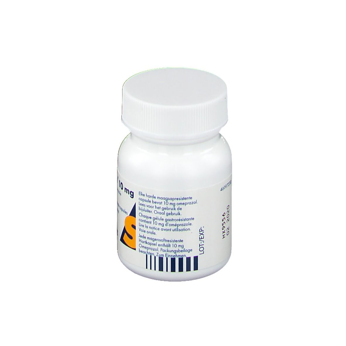 Vue arrière du flacon blanc. Inscription : Acidcare 10 mg, Oméprazole, numéro de lot, date de péremption, code-barres.