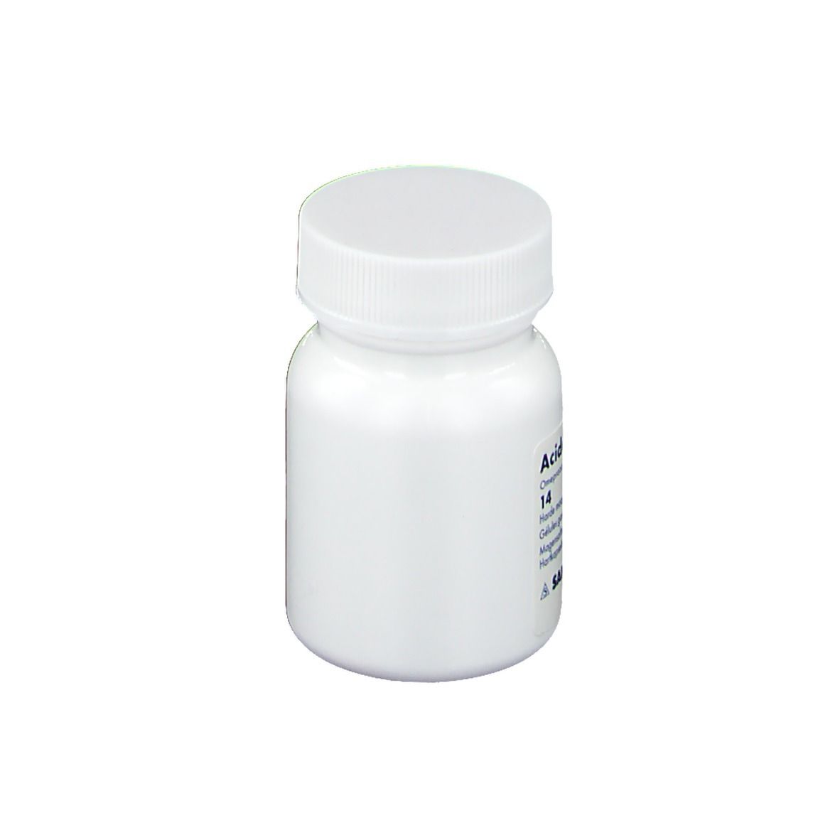Flacon blanc avec bouchon à vis. Inscription : Acidcare 10 mg, Oméprazole, 14 gélules, Sandoz.