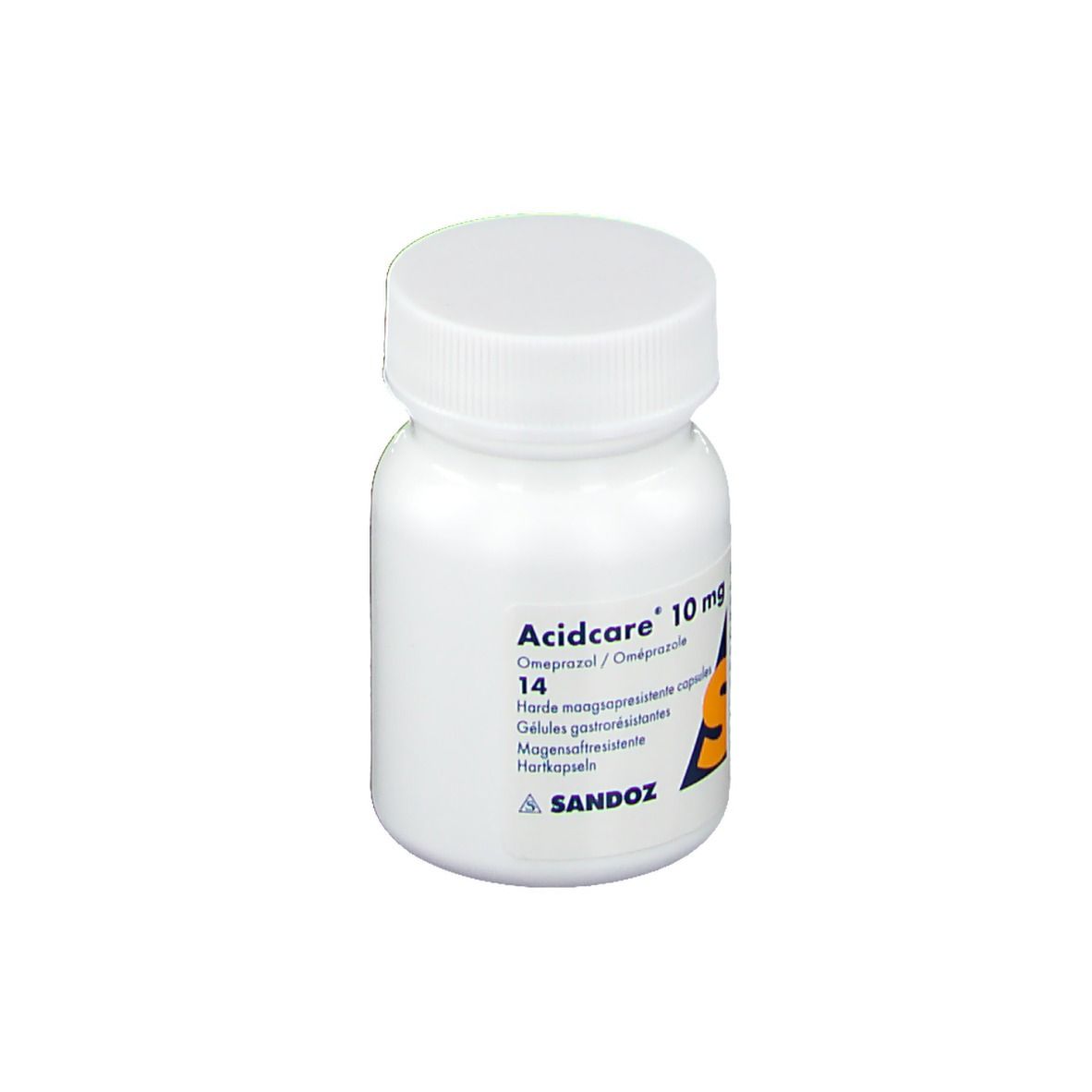Flacon blanc avec bouchon à vis. Inscription : Acidcare 10 mg, Oméprazole, 14 gélules, Sandoz.
