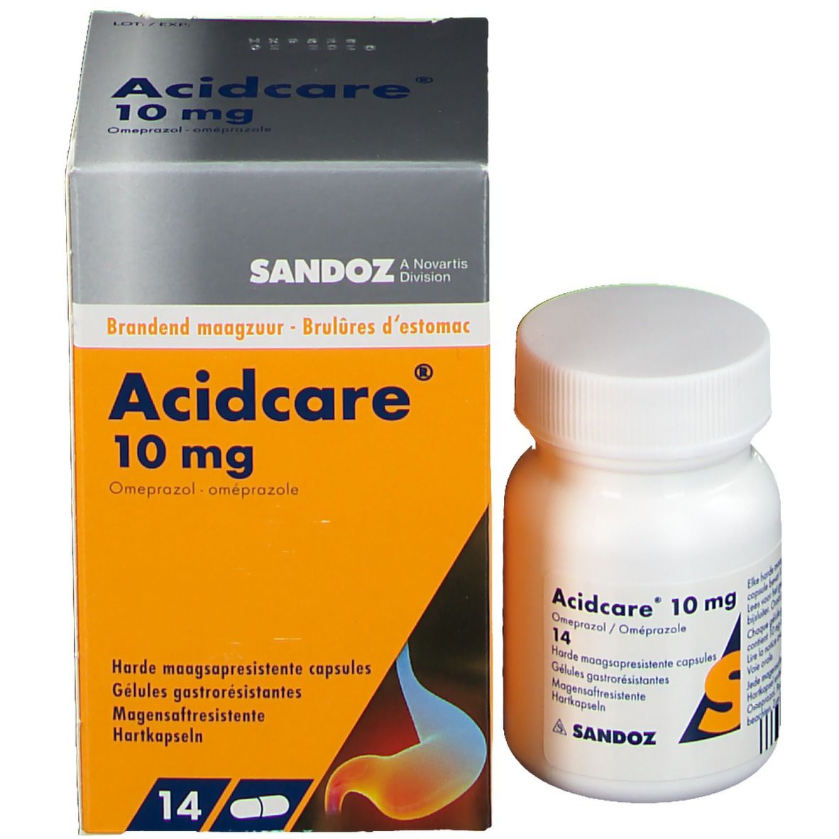 Emballage et flacon de comprimés. Emballage : Acidcare 10 mg, 14 gélules, Sandoz. Flacon : blanc, avec bouchon à vis.