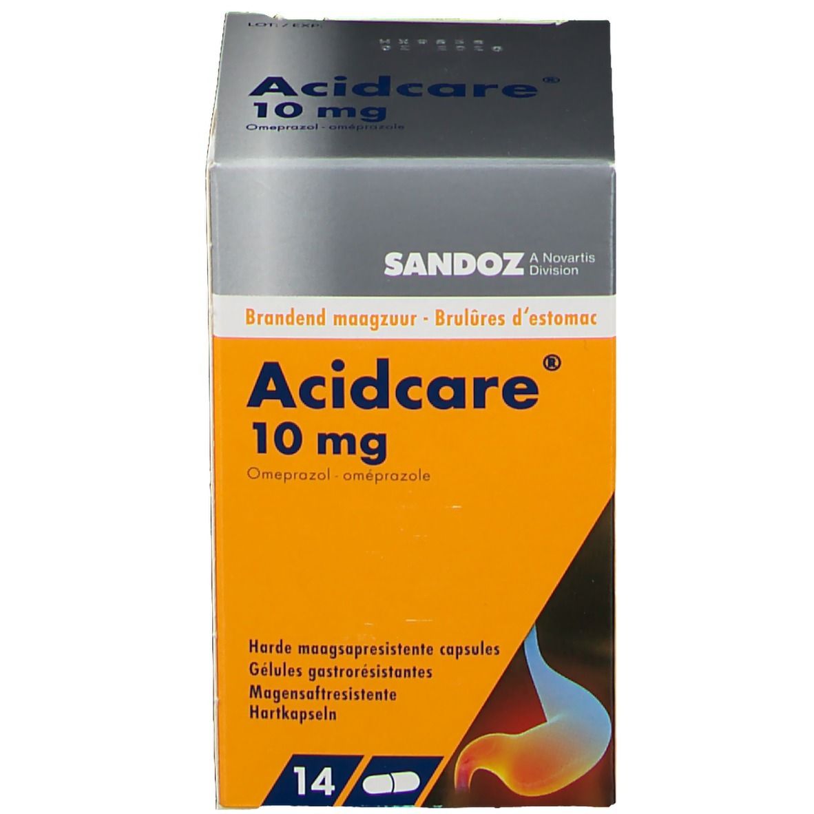 Emballage du produit : Acidcare 10 mg, 14 gélules, Sandoz. Design orange et blanc avec nom du produit et illustration de l'estomac.
