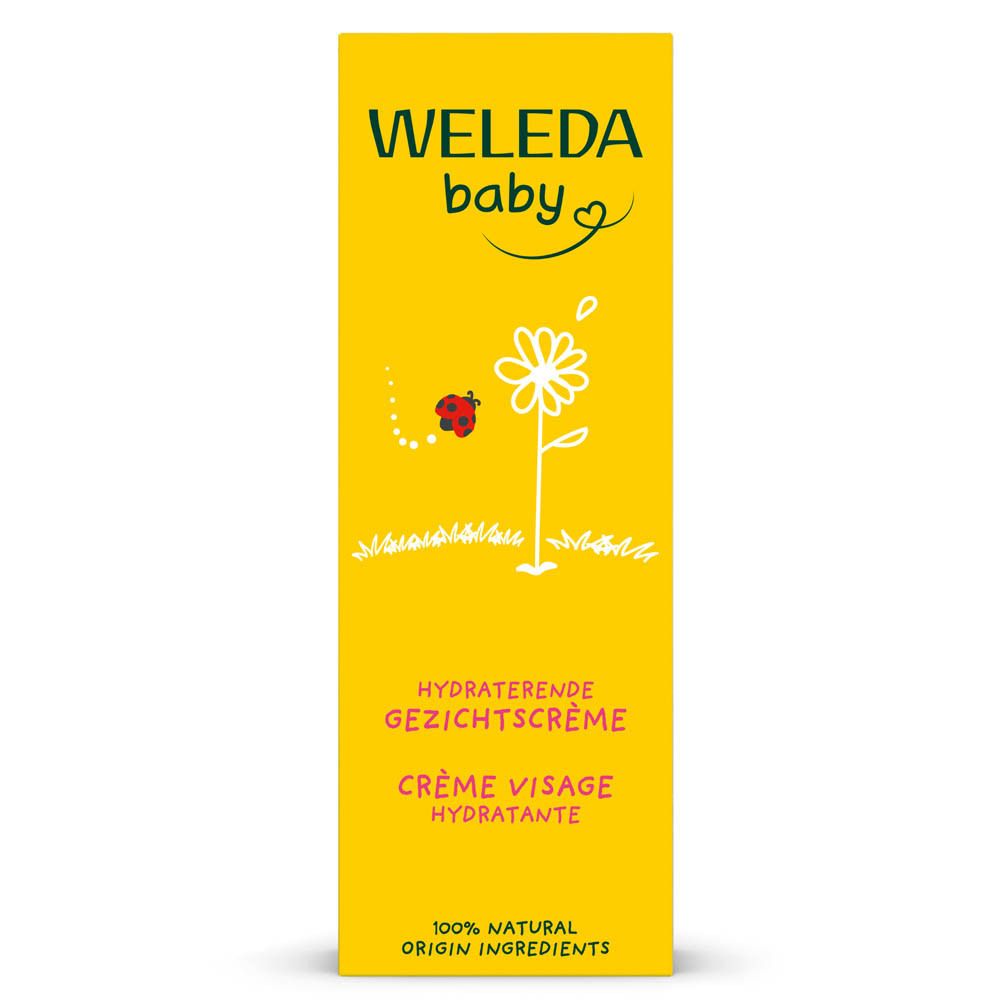 Gele verpakking "WELEDA baby". Opschrift "HYDRATERENDE GEZICHTSCRÈME CRÈME VISAGE HYDRATANTE".