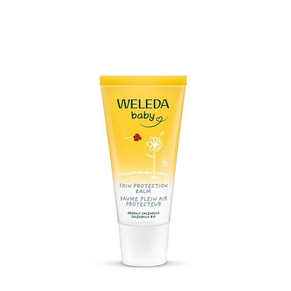 Gele tube met witte dop. Opschrift: WELEDA baby, Skin Protection Balm, Calendula. Productafbeelding.