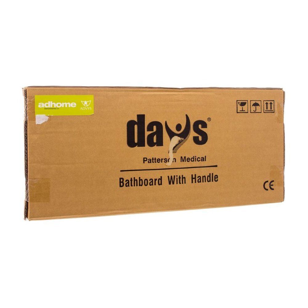 Badplank met handvat. Witte kunststof plank met gaten. Blauwe handgreep. Geplaatst in bad.