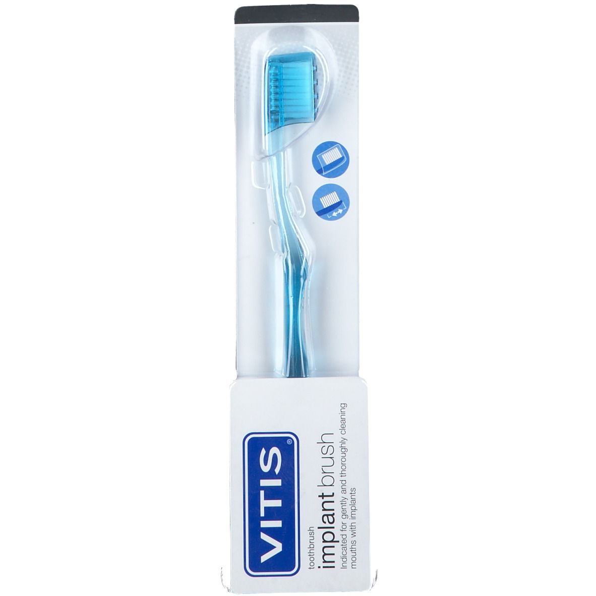 Brosse à dents dans son emballage. Tête et manche bleus. Inscription VITIS et implant brush.