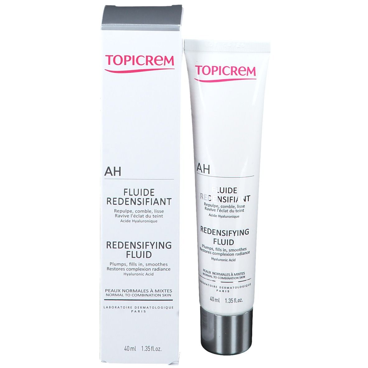 Productverpakking met tube en doos. Tube: wit, zilveren dop. Doos: wit, grijs. Tekst: TOPICREM, AH, Fluide Redensifiant.