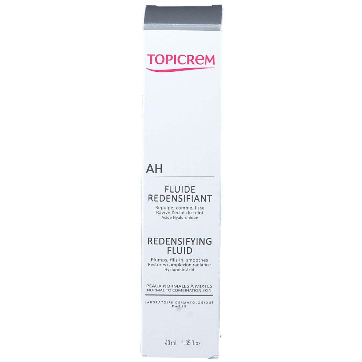 Witte doos met grijze deksel. Tekst: TOPICREM, AH, Fluide Redensifiant, Redensifying Fluid. 40ml.