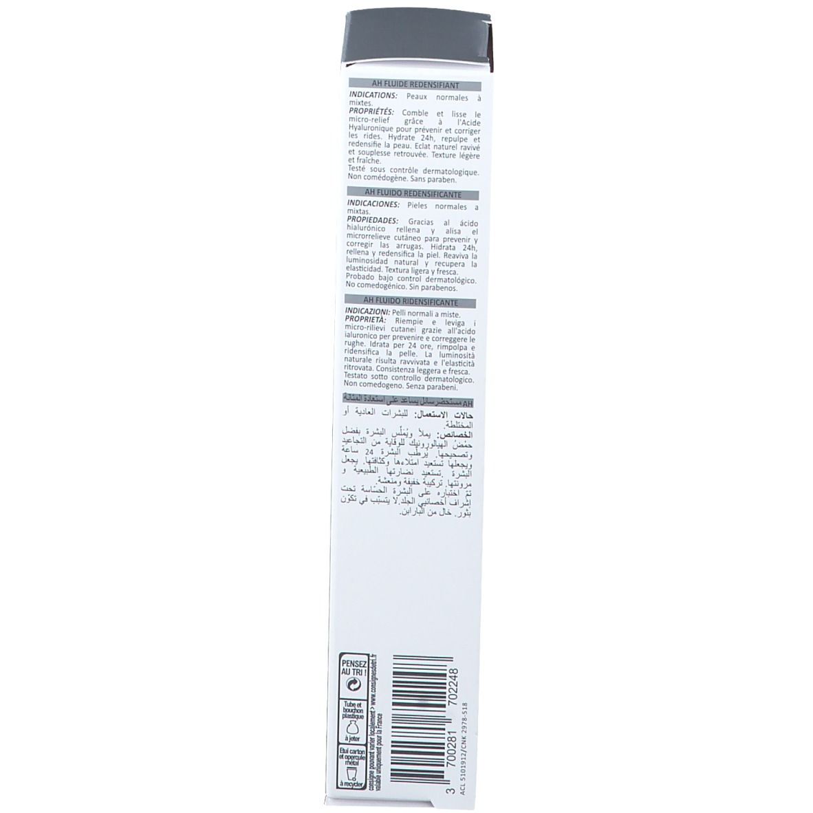 Achterkant van de witte doos. Tekst in meerdere talen. Fabrikantinformatie. Barcode.
