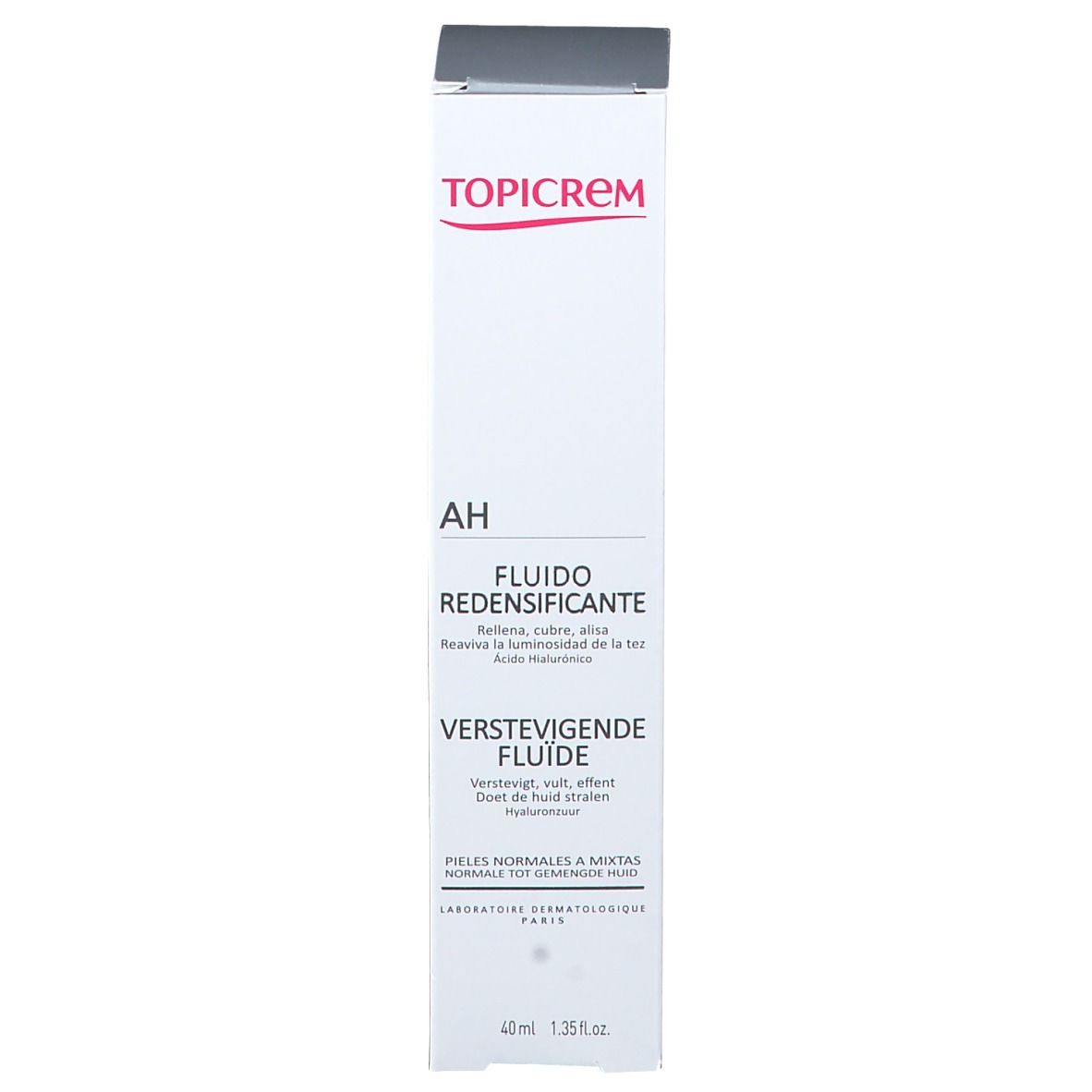 Witte doos met grijze deksel. Tekst: TOPICREM, Fluido Redensificante, Verstevigende Fluide. 40ml.
