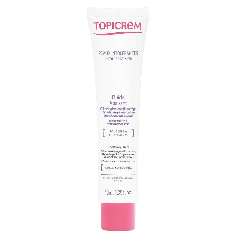 Witte en roze tube met merk TOPICREM en productnaam Fluide Apaisant. Tekst in het Frans en Engels. Inhoud 40ml.
