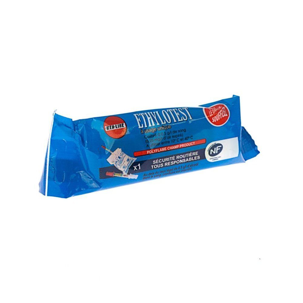 Emballage bleu Ethylotest. Inscription Ethylotest, Sécurité Routière, logo NF. Contient un test.