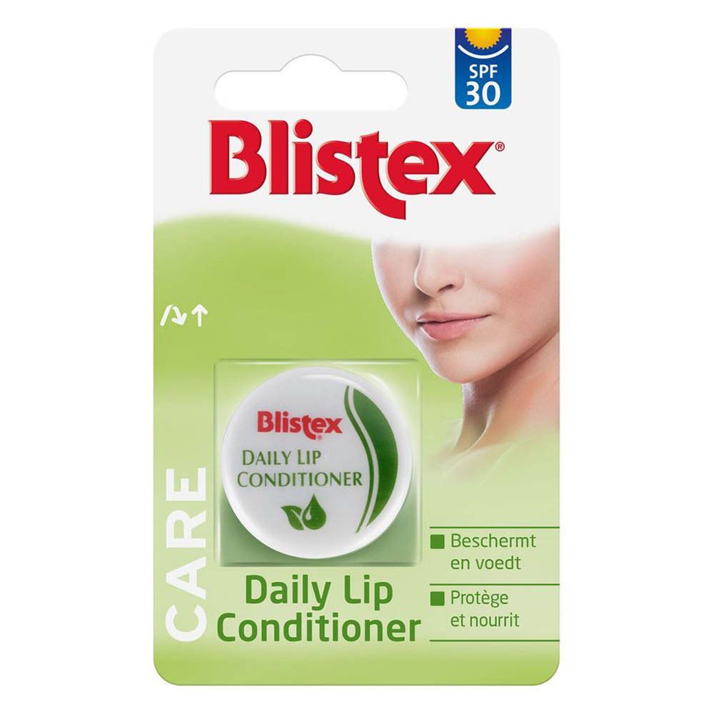Blistex Daily Lip Conditioner in blisterverpakking. Deksel met productnaam en SPF 30. Groen en wit.