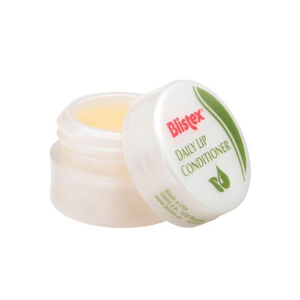 Geopende Blistex Daily Lip Conditioner pot. Witte deksel met productnaam. Crèmekleurige inhoud zichtbaar.