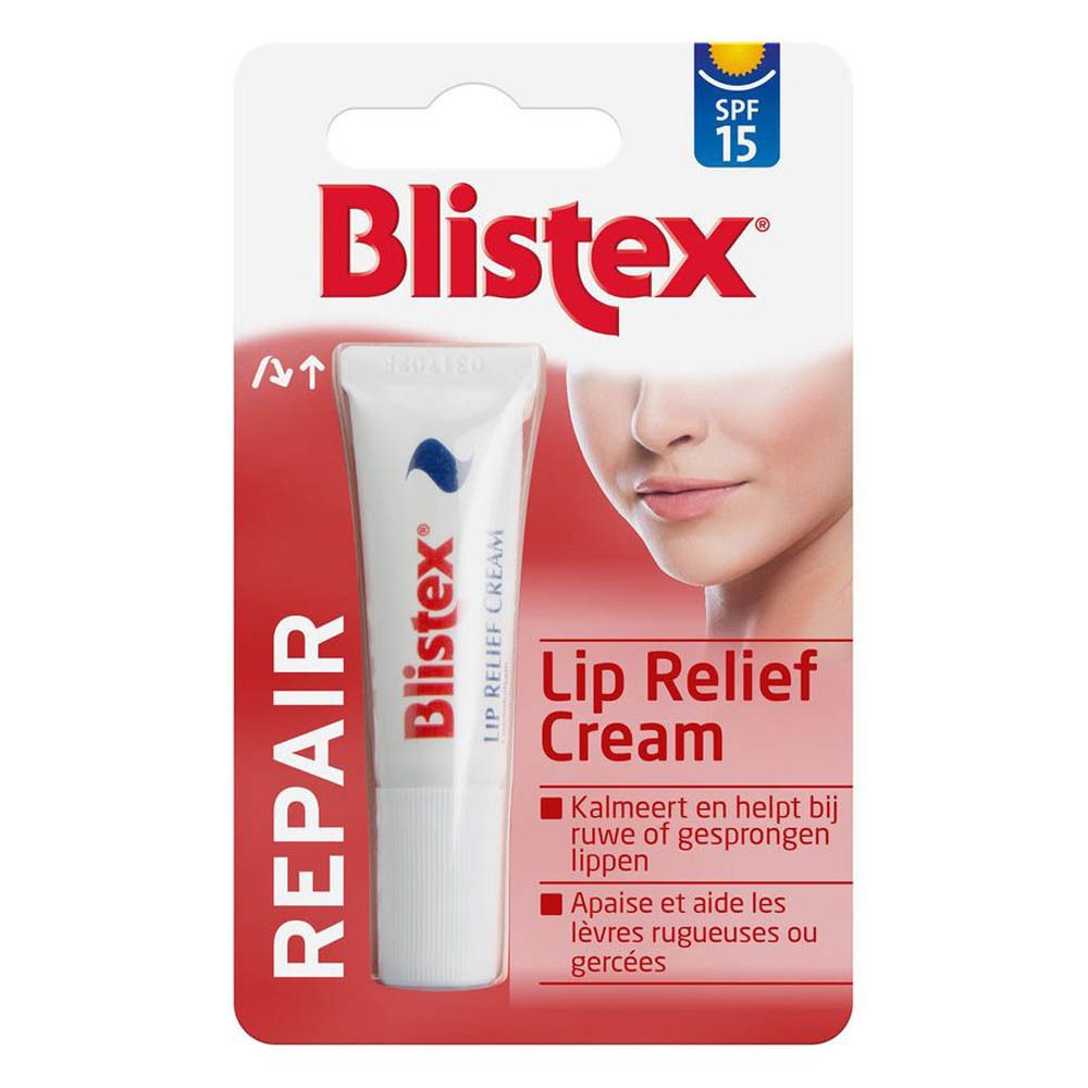 Verpakking met Blistex Lip Relief Cream. Tube met rode tekst en SPF 15. Afgebeeld gezicht van een vrouw.