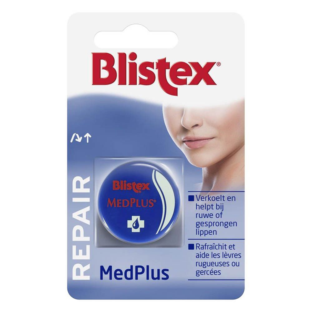 Blisterverpakking met Blistex MedPlus. Blauwe pot met witte tekst. SPF 15. Afbeelding van een gezicht op de verpakking.