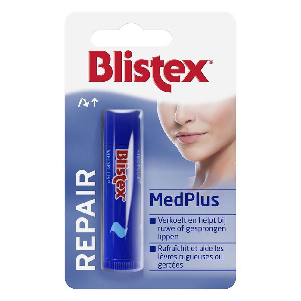 Stick à lèvres Blistex MedPlus en emballage blister. Bâton bleu avec texte blanc. Un visage est représenté sur l'emballage.