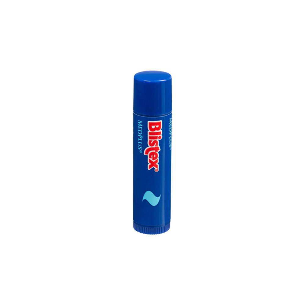 Blauwe lippenbalsem Blistex MedPlus. Witte tekst en blauw golfontwerp. Opschrift MedPlus.