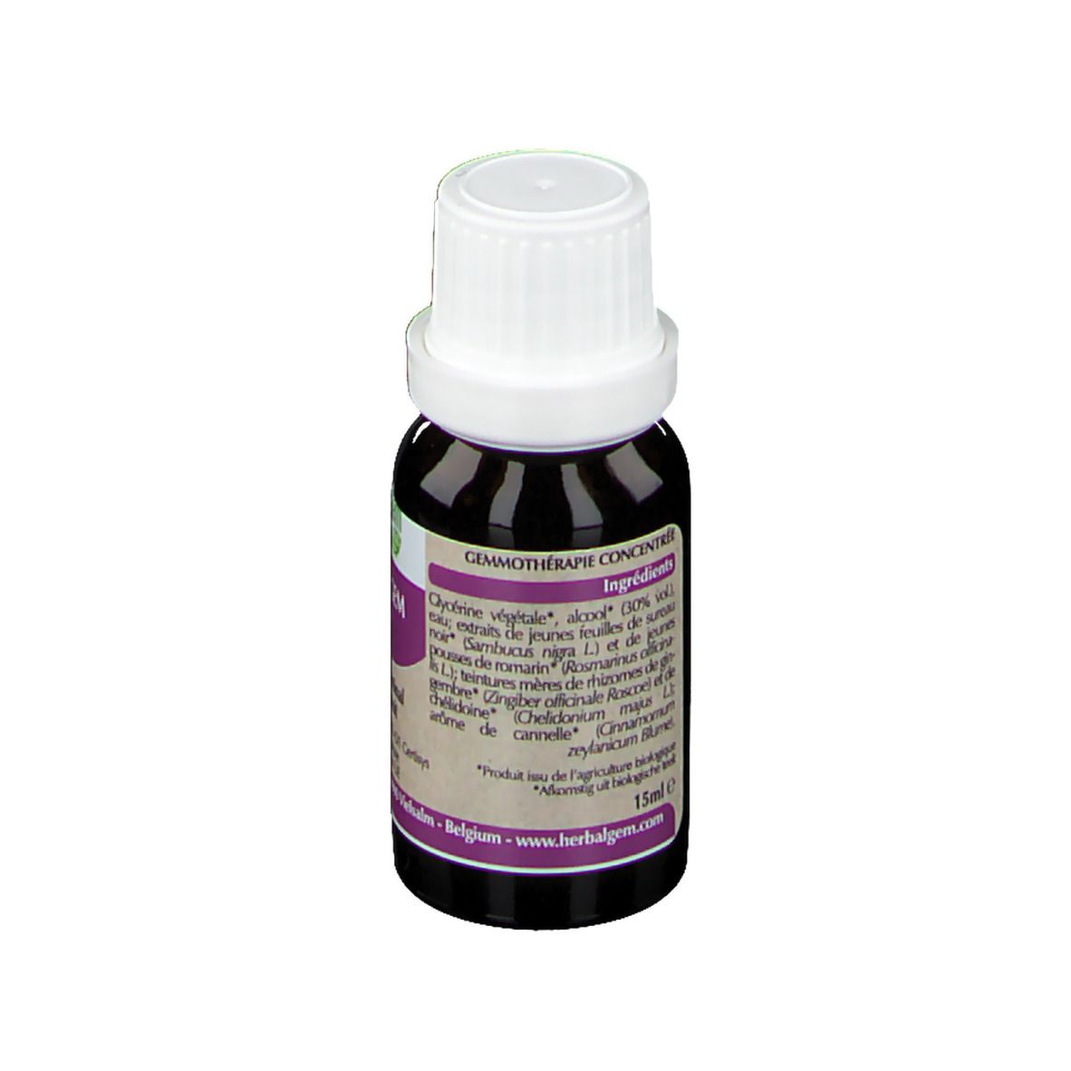 Bruine glazen fles met witte dop. Etiket met ingrediënten en fabrikantinfo. 15ml.