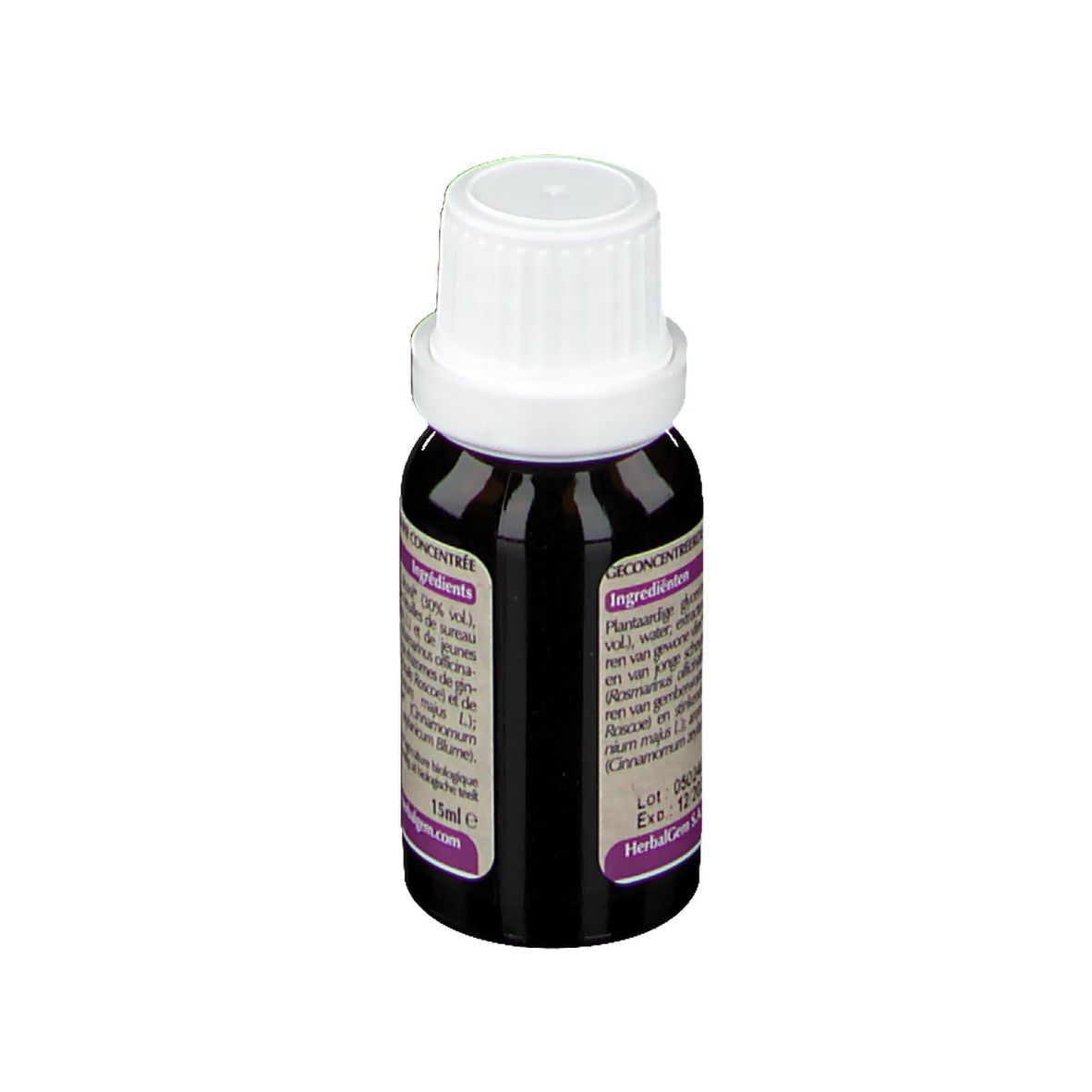 Bruine glazen fles met witte dop. Etiket met ingrediënten en fabrikantinfo. 15ml.