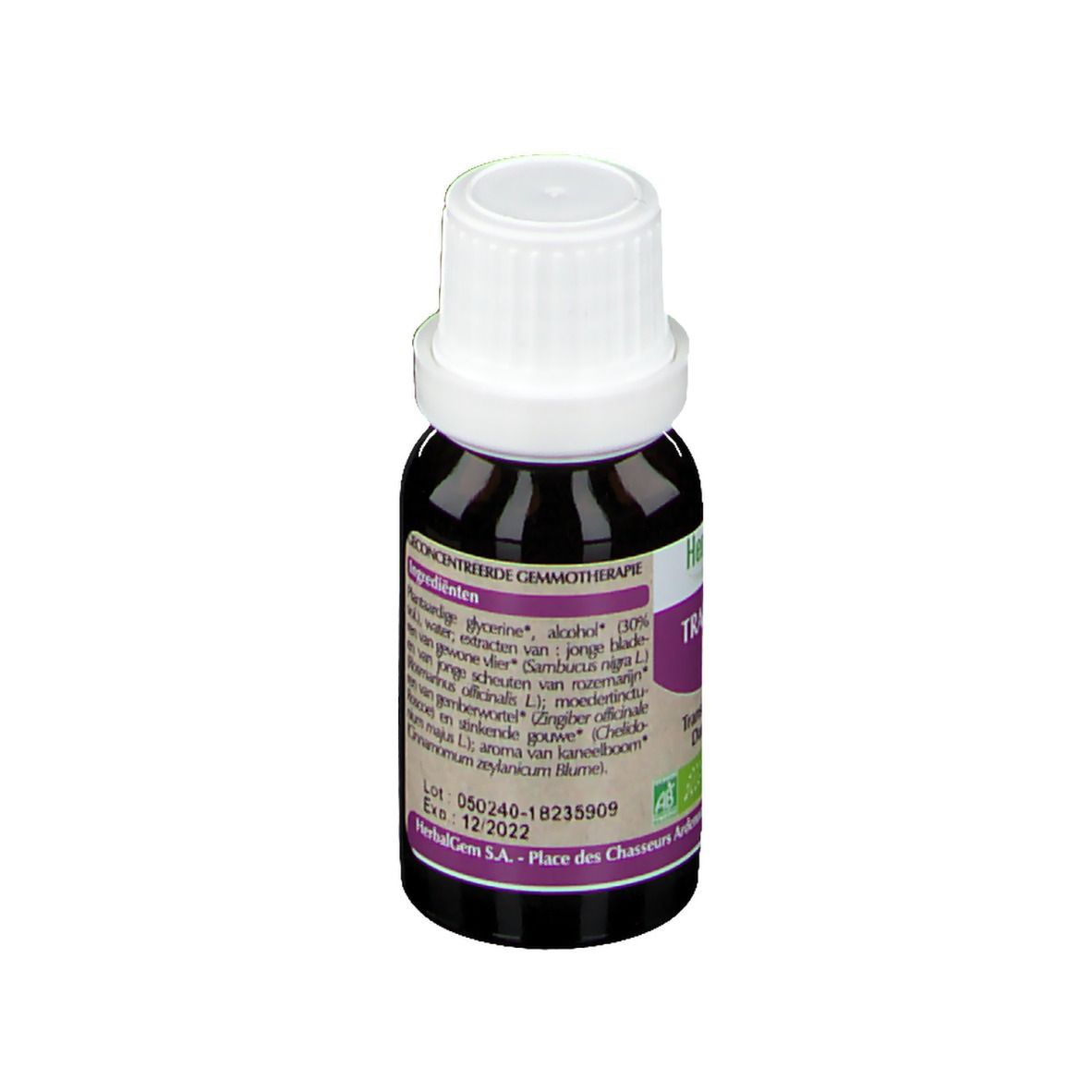 Bruine glazen fles met witte dop. Etiket met ingrediënten en fabrikantinfo. 15ml.