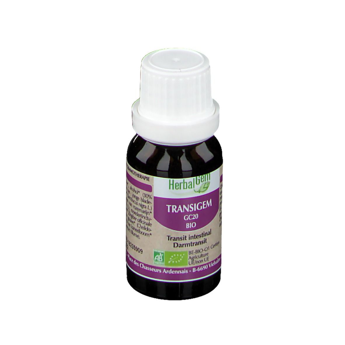 Bruine glazen fles met witte dop. Etiket met productnaam, merk en bio-keurmerk. Tekst: Darmtransit.