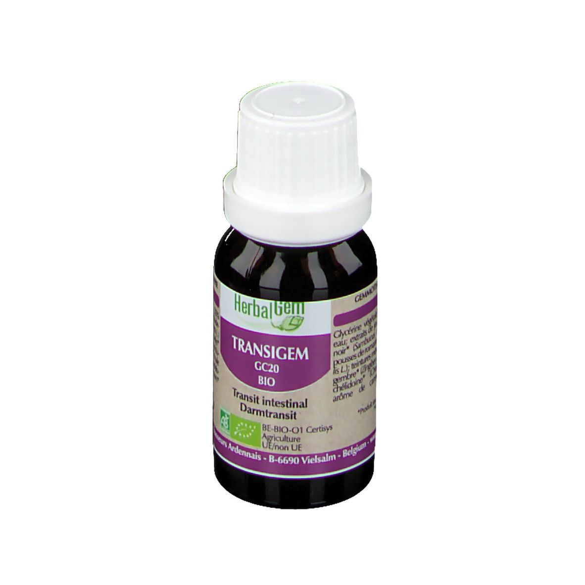 Bruine glazen fles met witte dop. Etiket met productnaam, merk en bio-keurmerk. Tekst: Darmtransit.