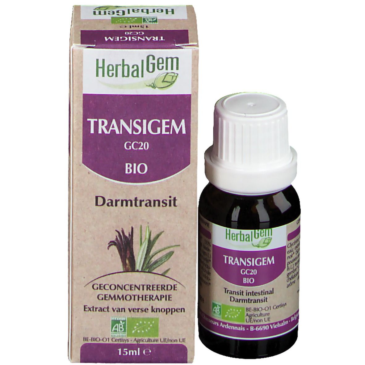 Productfles en verpakking. Bruine fles met witte dop en doos. Tekst: Darmtransit, 15ml.