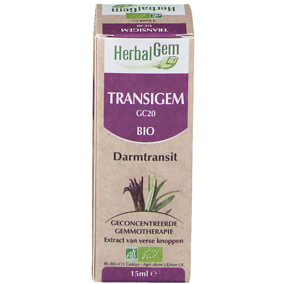 Productverpakking. Doos met productnaam, merk en bio-keurmerk. Tekst: Darmtransit, 15ml.