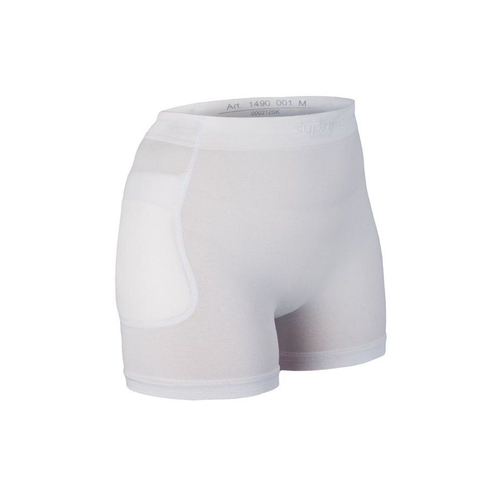 Short de protection de hanches blanc unisexe. Short avec renforts aux hanches. Inscription : Art. 1490 001 M.
