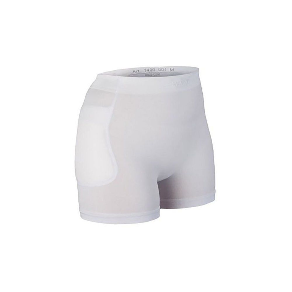 Witte broek met geïntegreerde beschermers. Zijaanzicht. Productcode en maat.