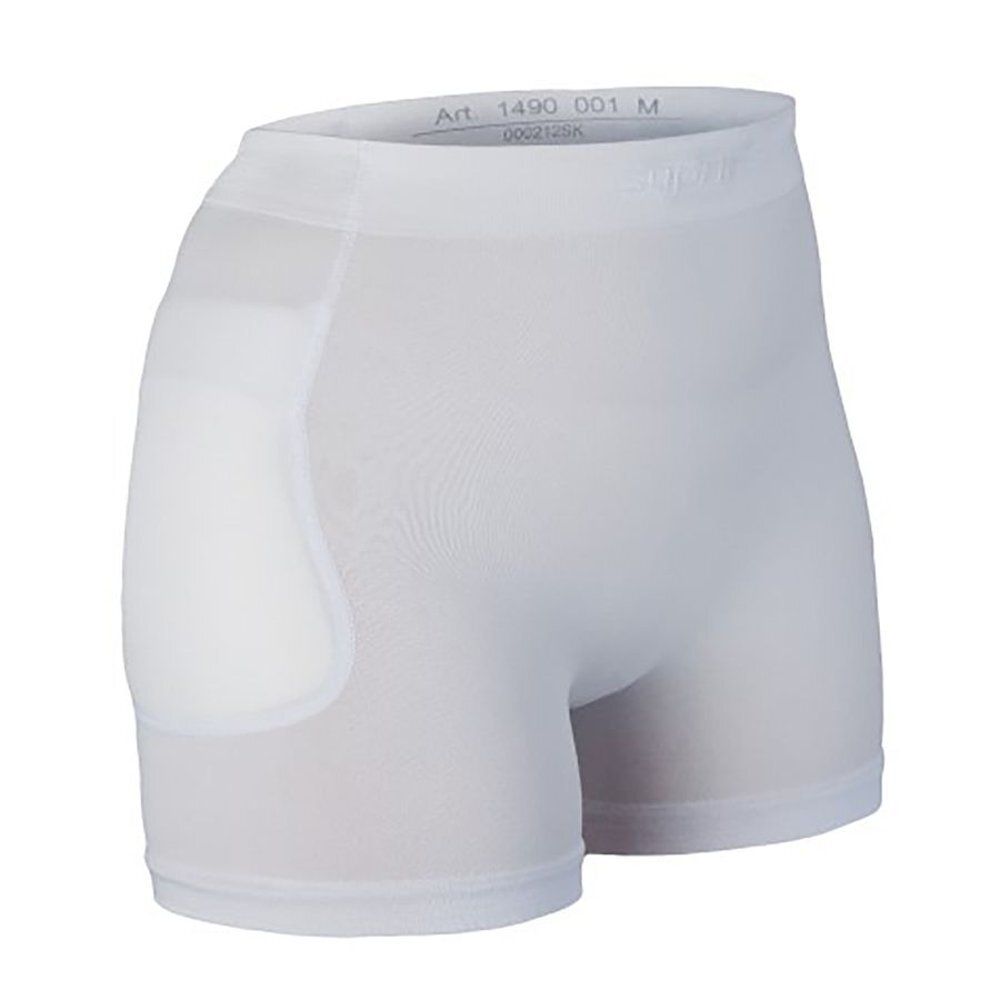 Short blanc avec protections intégrées. Vue latérale. Code produit et taille.