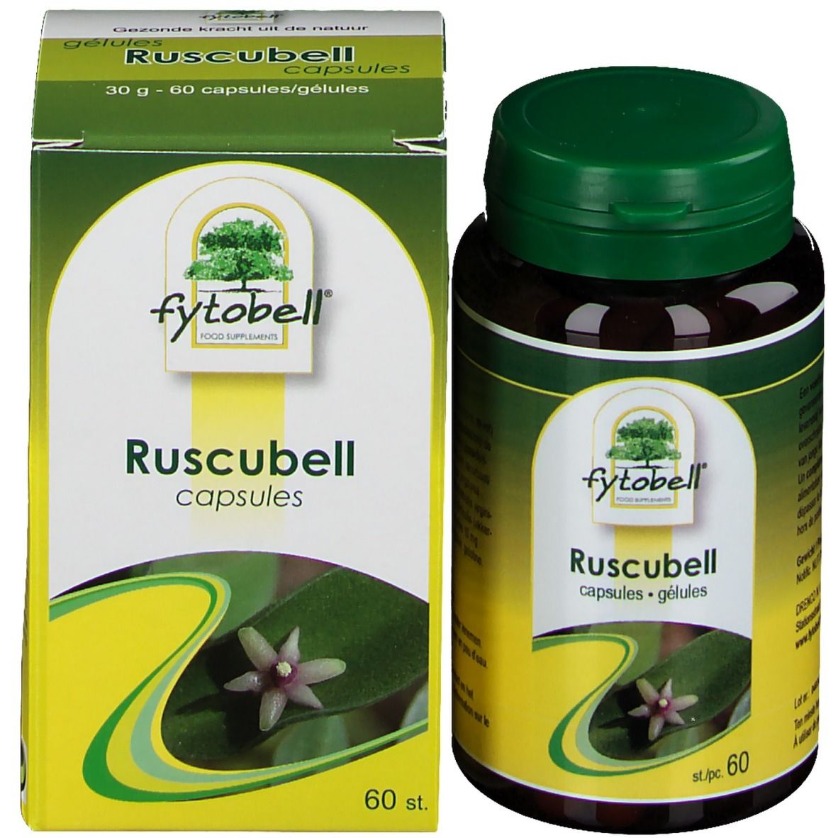 Fytobell Ruscubell, une boîte et un flacon. Sur la boîte, il est écrit "Ruscubell capsules".